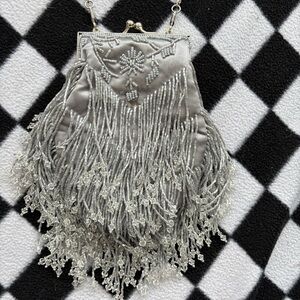 Vice Versa Beaded Fringe Evening Bag | Silver Flapper Style